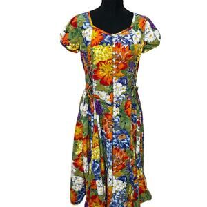 Vintage RENE DERHY Floral Midi Dress Short Sleeve Cottagecore Boho‎ Festival M